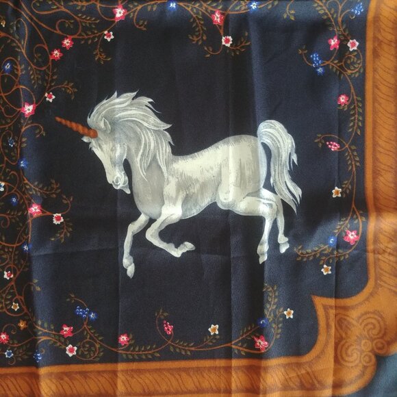 Dark navy blue unicorn floral approx square scarf - Picture 6 of 11